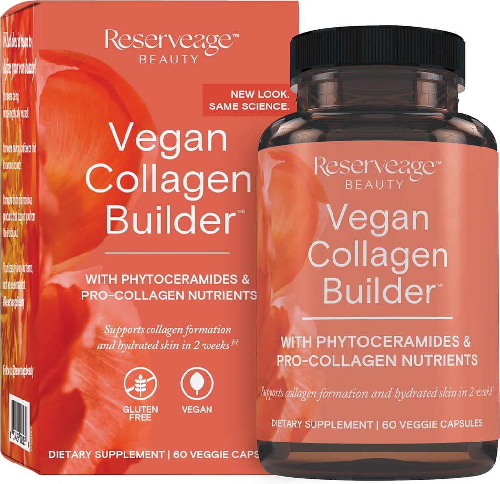 Reserveage Beauty Vegan Collagen Builder - Plant-Based Collagen Branson for Glowing Skin - C Supplement for Hydrated Skin - Gluten Free - 60 Veggie Capsules (30 hizmet)