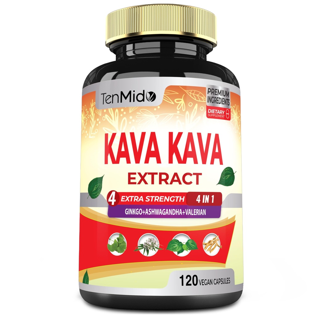 Kava Kava Supplement Extract Capsules, 4 Ay Ginkgo, Ashwagandha, Valerian- Relaxation Supports Supplement- 120 Vegan Capsules
