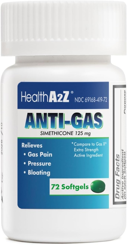 HealthA2Z® Gas Relief Simethicone | 125 mg | Stomach Discomfort and Gas | Anti Flatulence | Relieves Gas Fast and Bloating (72 Counts (Pack of 1)