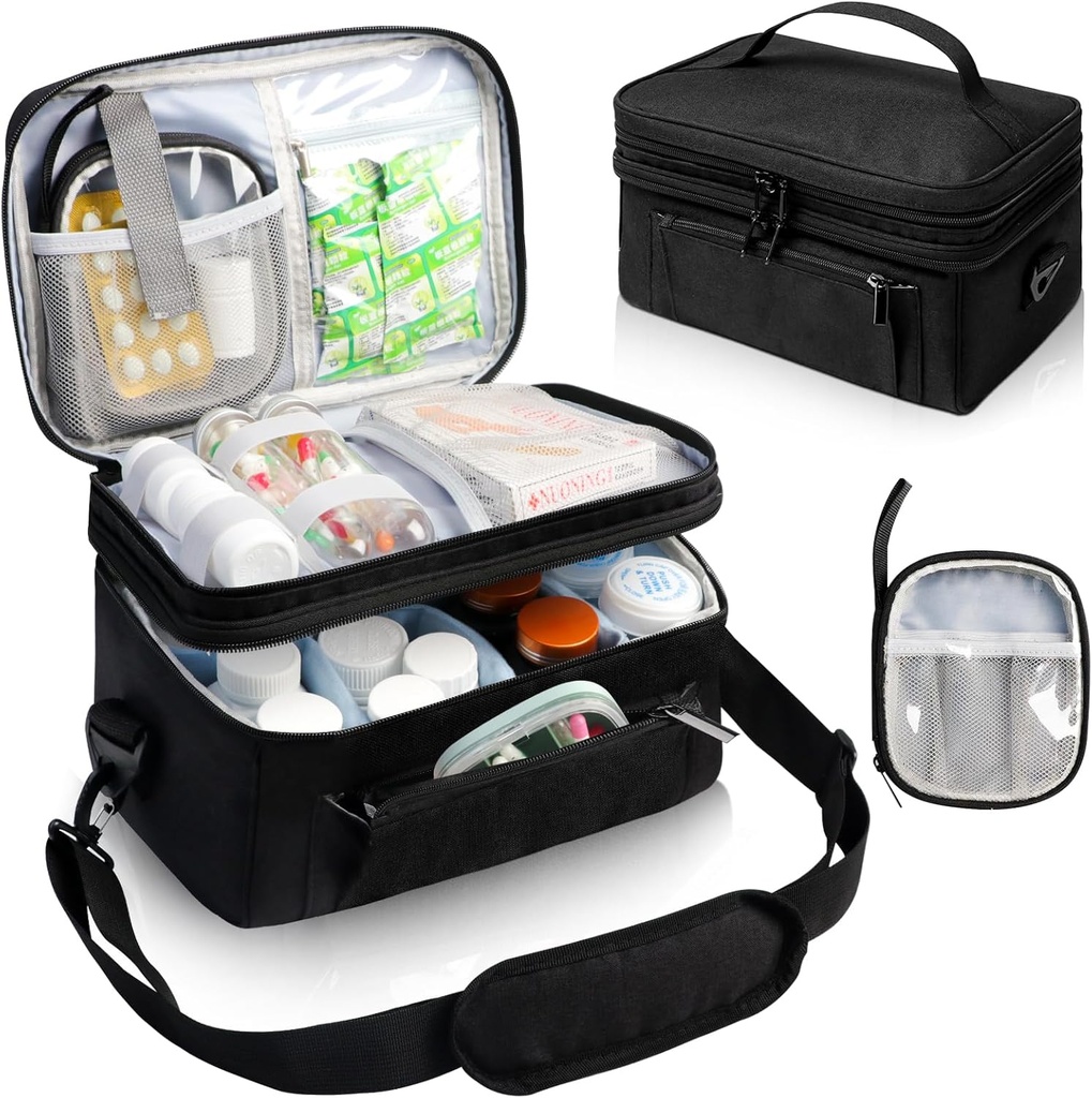 Fabrika Küçük Pouch ile seyahat etmek için Tıp Bag, Çift Katmanlı Pill Şişe Organizecı Depolama Davası Lockable Rollss ile Yapacak, İlaç Seyahat Davasını Omuzlu (BAG) Black
