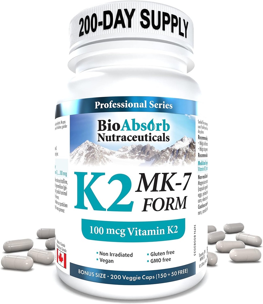Bio Absorb Vitamin K2 MK-7 Συμπλήρωμα μορφής. 100 mcg. 200-Day Supply (200 Veggie Κάψουλες).