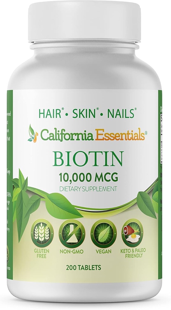 California Essentials Biotin 1000006 | Vitamin B7 Sağlıklı Cilt, Saç ve Çiçek Büyüme | Erkekler ve Kadınlar için Yüksek Potency Diyet Tamam, Vegan, Gluten & Dairy Free (200 Tablet)