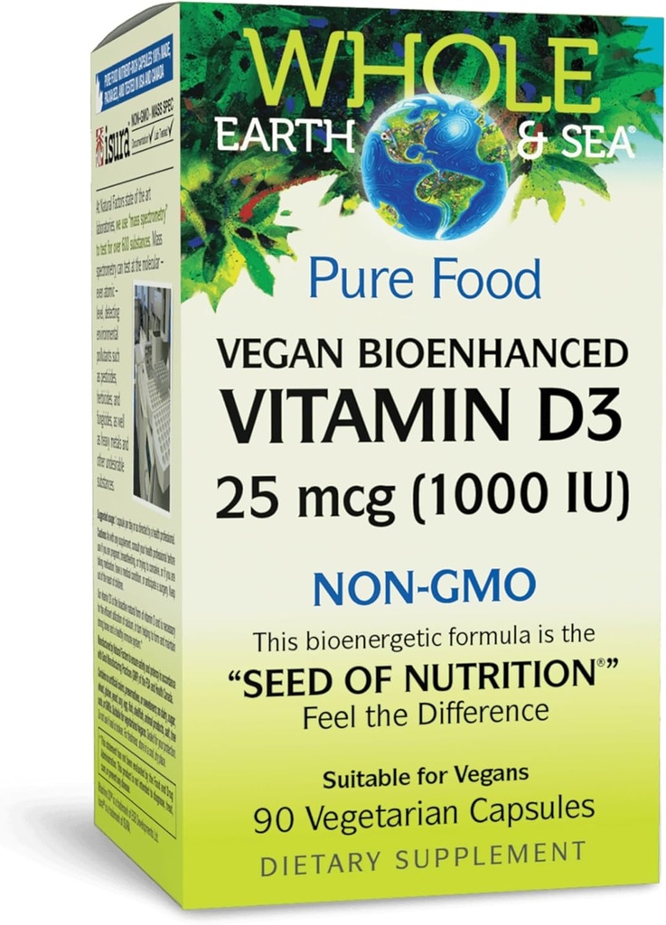 Ολόκληρη η Γη & Θάλασσα από Φυσικούς Παράγοντες, Βιταμίνη D3 1000 IU (25 mcg), Ολόκληρο το συμπλήρωμα διατροφής, Vegan, 90 κάψουλες