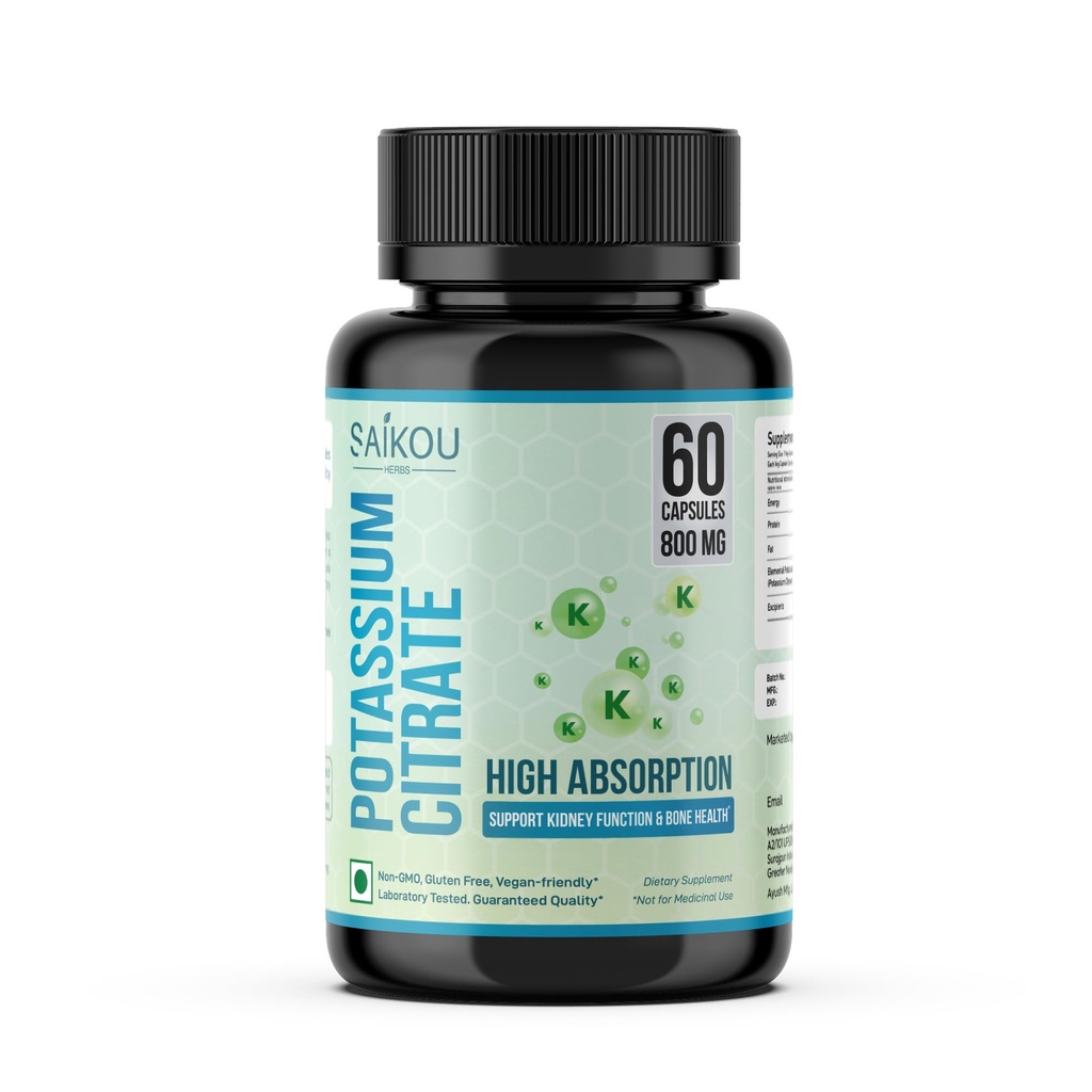 Potassium Citrate 800 mg High Absorption Potassium Supplement - 60 Servings Supports Electrolyte Balance - Pure and Potent