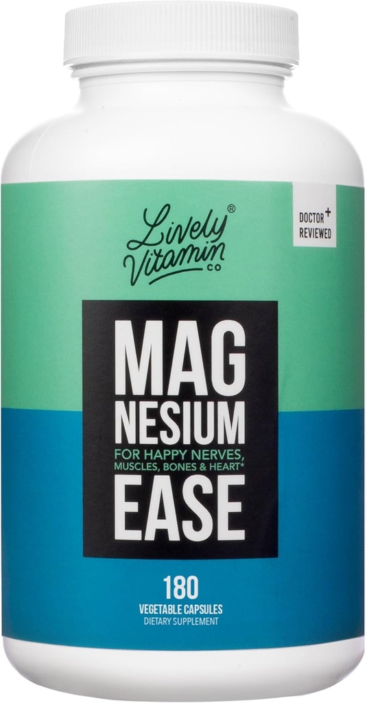 Lively Vitamin Co. Magnezyum Ease - Chelated - Highly Bio available - Ger - Stres - Nerves - Immune Function - RLS - Gluten Süt Soy Free - Non-GMO - 180 Vegan Capsules