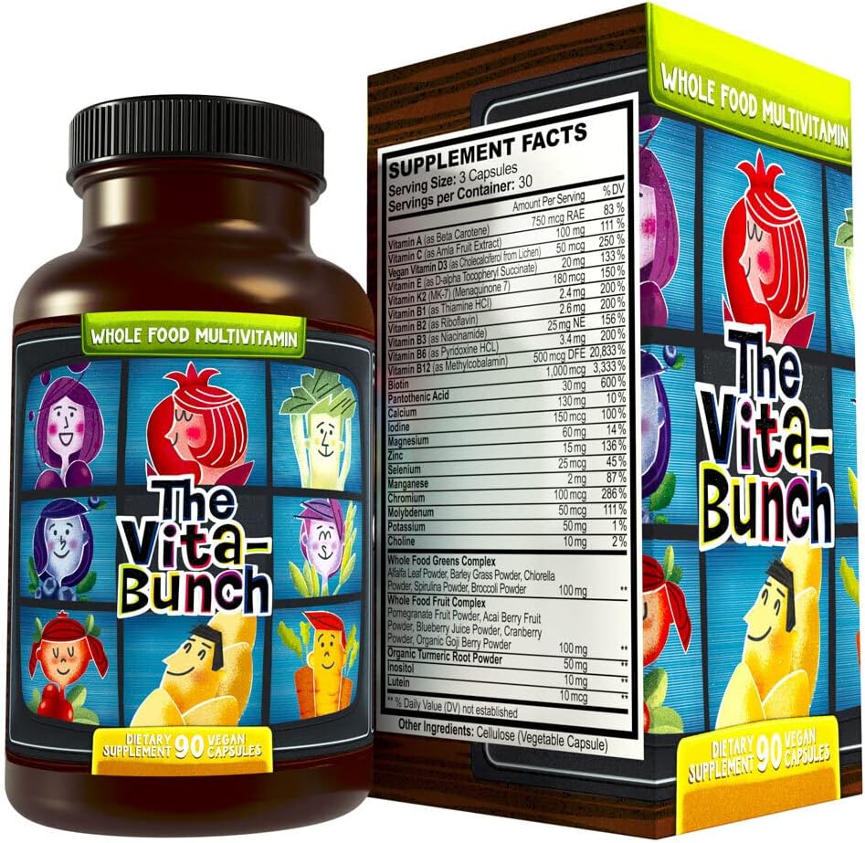 Tüm Gıda Çokvitamin Meyve & Super Greens All-in-one Vitamin Kompleksi, 90 Vegan Capsules - Kadınlar ve Erkekler için Günlük Vitamin - Demir, çinko, B12, Vitamin A, D3 ve Daha Fazla