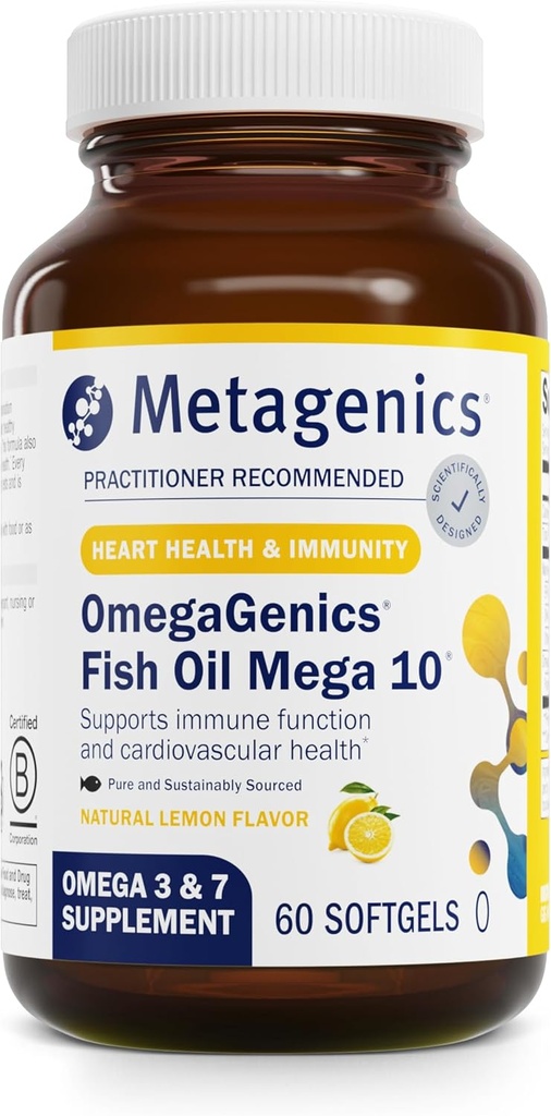 Metagenics OmegaGenics Mega 10 Omega Supplement- with Omega-7, 330 mg EPA & 170 mg DHA for Heart Health*- Sustainable Sourced & No Fishy Aftertaste - Non-GMO & Gluten-Free - 60 Softgels