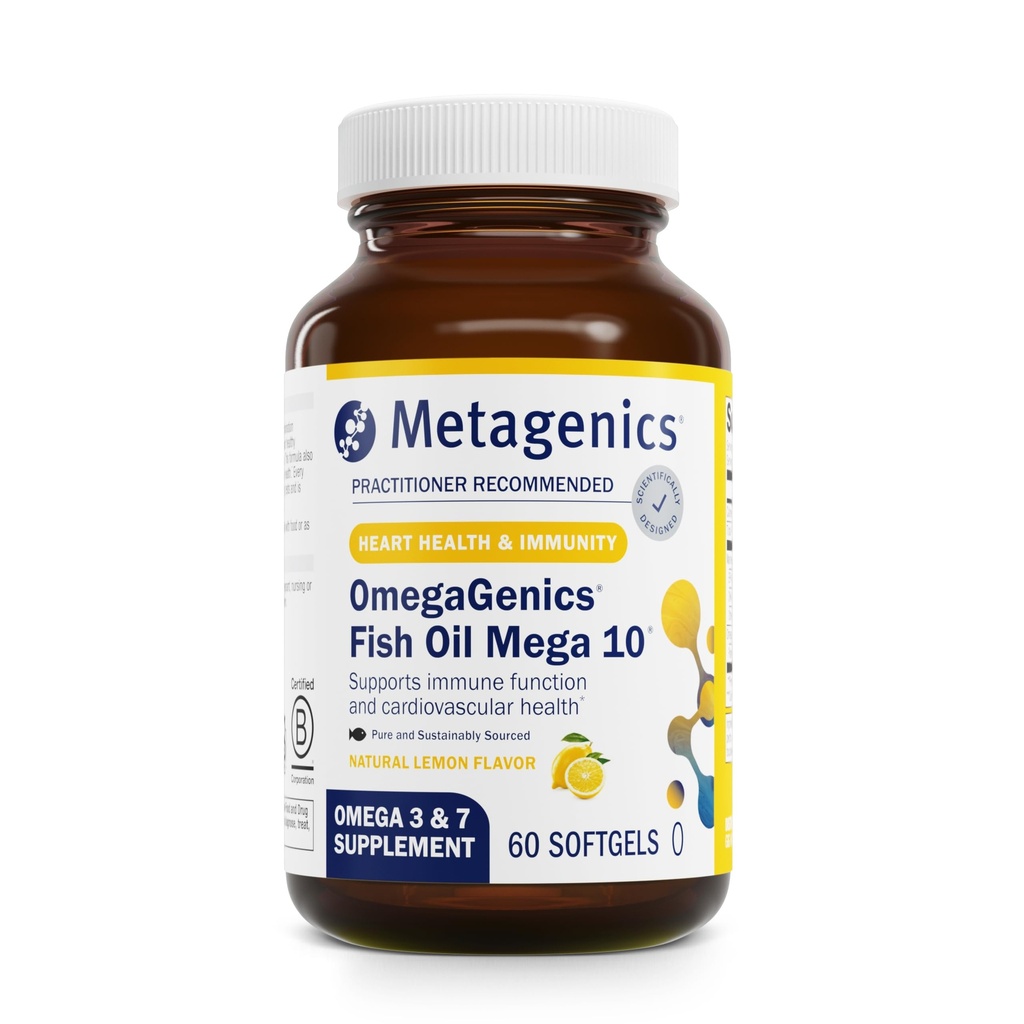 Metagenics OmegaGenics Mega 10 Omega Supplement- with Omega-7, 330 mg EPA & 170 mg DHA for Heart Health*- Sustainable Sourced & No Fishy Aftertaste - Non-GMO & Gluten-Free - 60 Softgels
