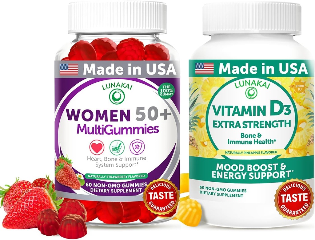 Lunakai USA 50+ Çokvitamin & Vitamin D3 Gummies Sche, Supports Bone, Heart, Immune & Energy Health, Non-GMO, Gluten-Free, Delicious Strawberry & Pineapple Flavors, 60ct Every