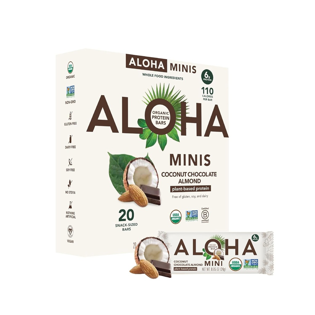 ALOHA Organik Bitki Protein Bar MINIS | Coconut Chocolate Almond | 20 Kont, 24g Bars | Vegan, Low Sugar, Gluten Free, Paleo, Low Carb, Non-GMO, Stevia Free, Soy Free, No Sugar Alkols