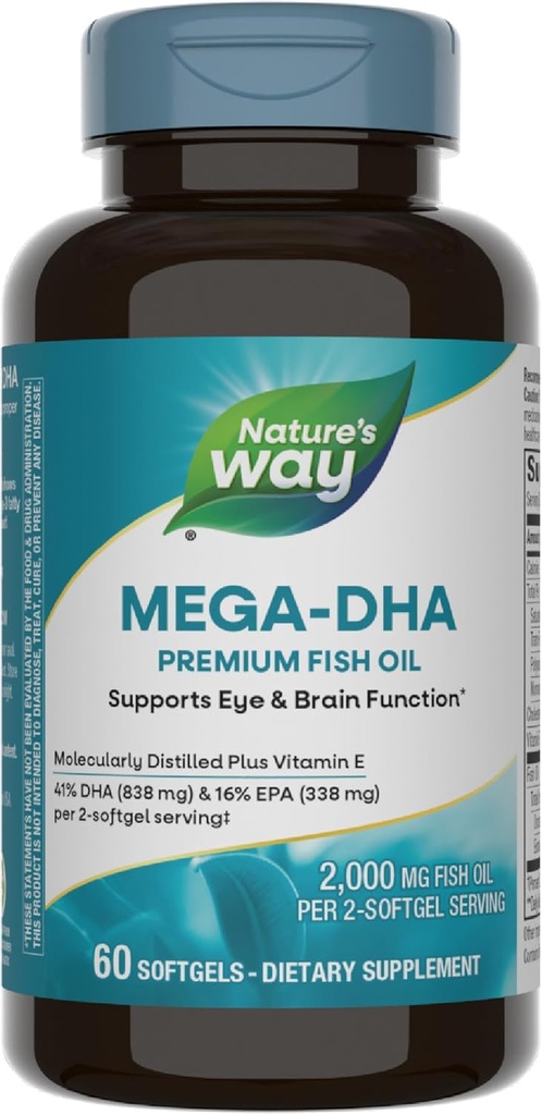 Nature's Way Mega-DHA Premium Fish Oil, Supports Eye and Brain Function*, Omega-3, 2Softgel başına 2.000 Fish Oil mg, 60 Softgels (Pazarlama Mayıs Vary)