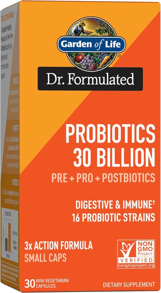 Garden of Life Dr Formulated Probiotics 30 Billion CFU Pre + Pro + Postbiotics for Men and Women Digestive and Immune Support, Potato, Acacia, Postbiotic Metabolites, 30 Mini Vegetarian Capsules