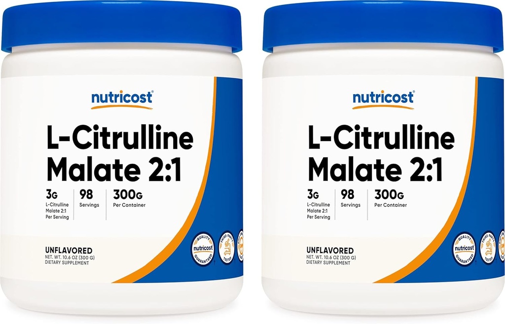 Nutricost L-Citrulline Malate 300G (2 Pack) - Pure L-Citrulline Toz, 3000 mg Per Servis - L-Citrulline Malate