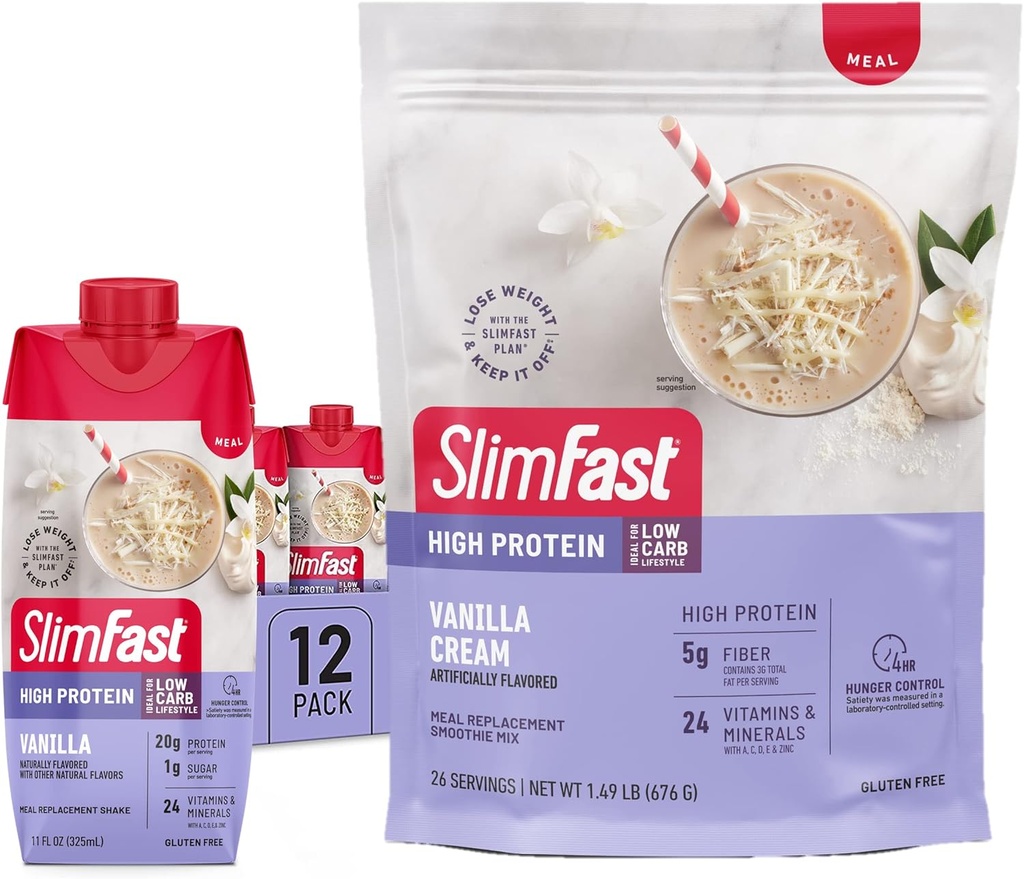 SlimFast Υψηλής πρωτεΐνης Vanilla Bundle- 12 Count of Vanilla High Protein Meal Replacement Shakes (20g Protein) with 26 Servers of Vanilla High Protein Powder Mix (20g Protein)