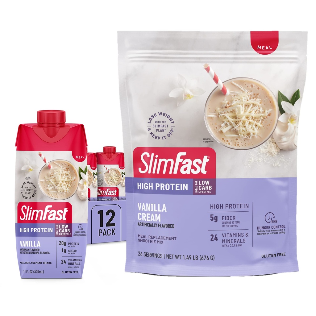 SlimFast High protein Vanilla Sche- 12 Vanilla High Protein Meal Yenileme Shakes (20g Protein) 26 Vanilla Yüksek Protein Toz Mix (20g Protein)