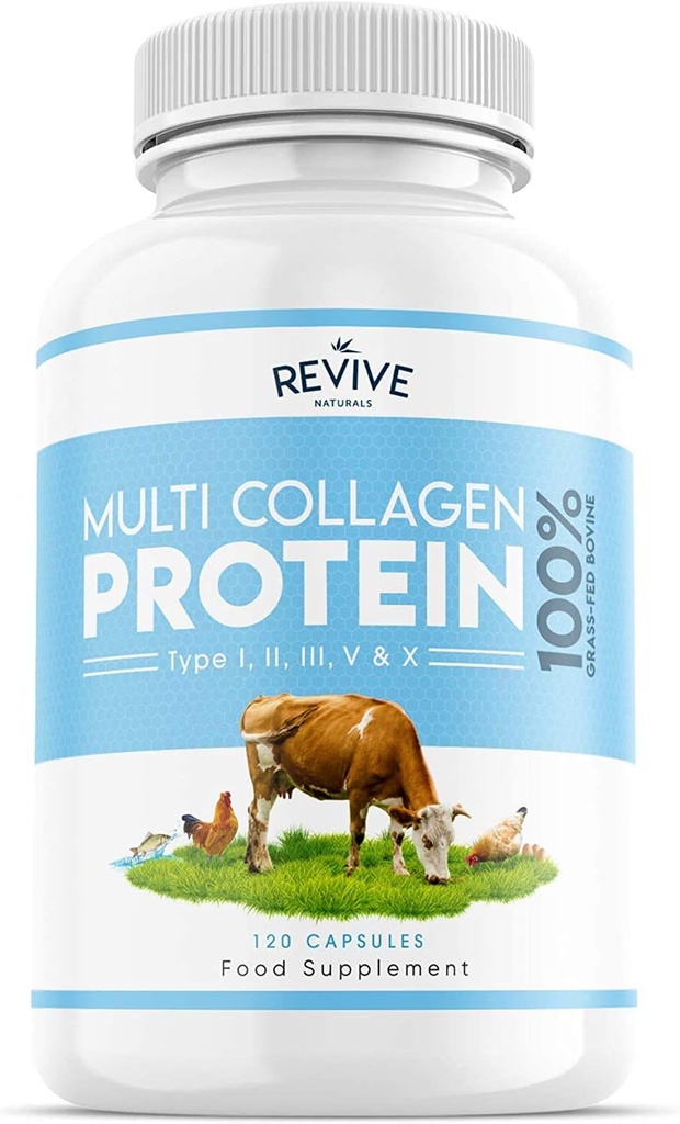Revive Naturals Multi Collagen protein Capsules - Tipler I, II, III, V & X - Hydrolysed Grass Fed Bovine, Wild Caught Marine & Free-Range Chicken, Hyaluronic Acid & C, 120 Caps