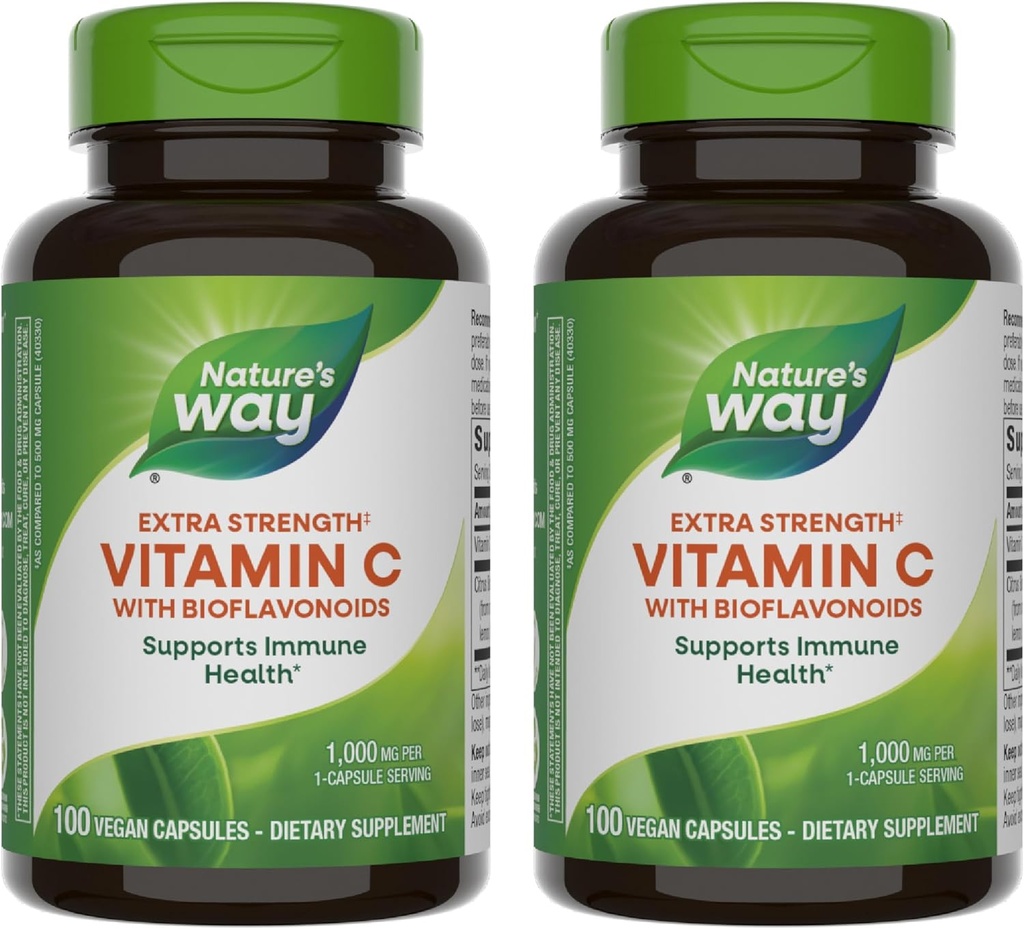 Nature's Way Vitamin C with Bioflavonoids - Ekstra Kuvvet - 1 g Vitamin C Ascorbik Asit - Citrus Bioflavonoyaks - For Immune Support* - Gluten Free & Dairy Free - 100 Capsules (2 Pack)