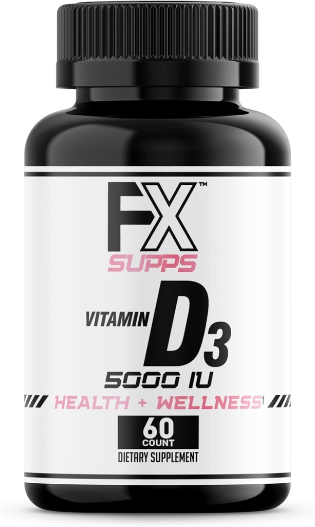 FXSUPPS Vitamin D3 5000 IU (1 Pack, 60 Swallow Softgels) | Erkekler ve Kadınlar için Sağlık ve Sağlık Diyetsel Tamam | Cholecalciferol, Bone, Heart Health, Immune System, Lung Function