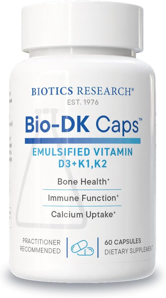 Biotics Research Bio-DK CapsTM-Emulsified Vitamin D and K, Vitamin D3 125 mcg & Vitamin K (k1,k2) 550 mcg- MK7- Vitamin D3 K2 K1, Güçlü Bones, Musculo iskeletsel Güçlü, Sağlıklı Kalp & 60 Caps
