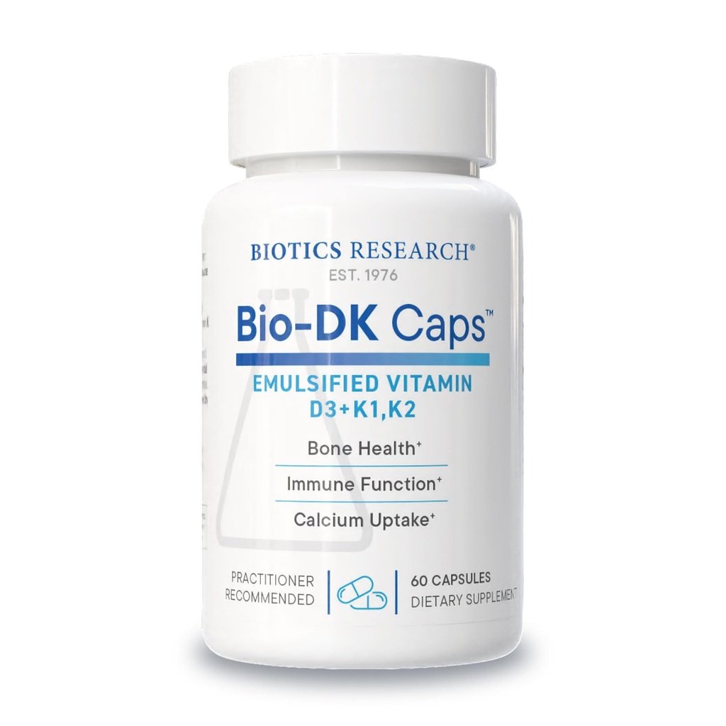 Biotics Research Bio-DK CapsTM-Emulsified Vitamin D and K, Vitamin D3 125 mcg & Vitamin K (k1,k2) 550 mcg- MK7- Vitamin D3 K2 K1, Güçlü Bones, Musculo iskeletsel Güçlü, Sağlıklı Kalp & 60 Caps