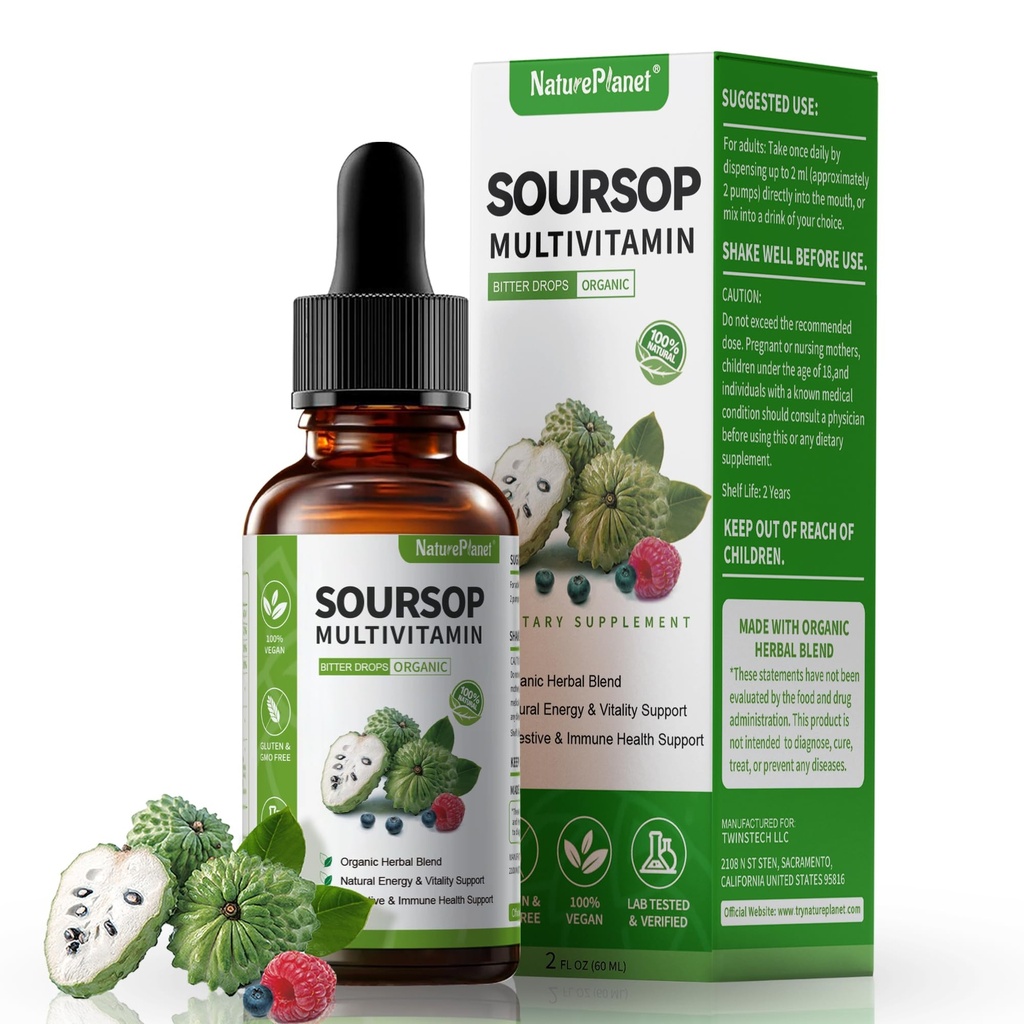 Graviola Soursop Bitters Liquid Drops with Vitamin C, D3, B6, 5000 mg Soursop Meyve & Leaf Ekstraksiyon + Immune Support Digestive Health Antioxy 2 Fl Oz
