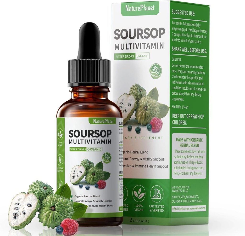 Graviola Soursop Bitters Liquid Drops with Vitamin C, D3, B6, 5000 mg Soursop Meyve & Leaf Ekstraksiyon + Immune Support Digestive Health Antioxy 2 Fl Oz