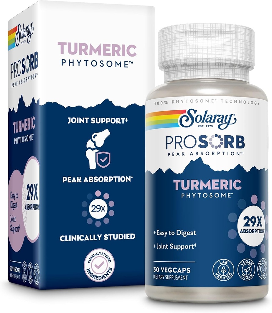 SOLARAY ProSorb Turmeric Supplement Phytosome 500 mg - 29X Υψηλή Απορρόφηση Turmeric Curcumin Supplement for Joint Health Support - Εύκολη στη δύσπνοια Κουρκουμίνη, Vegan, 60-Day Εγγύηση, 30 Serv, 30 VegCaps
