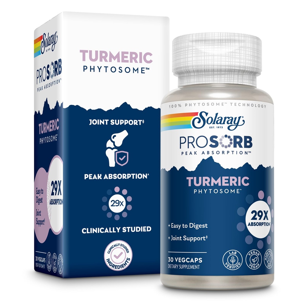 SOLARAY ProSorb Turmeric Supplement Phytosome 500 mg - 29X High Abxia Turmeric Curcumin Supplement for Joint Health Support - Easy-to-Digest Curcumin, Vegan, 60-Day Garanti, 30 Serv, 30 VegCaps