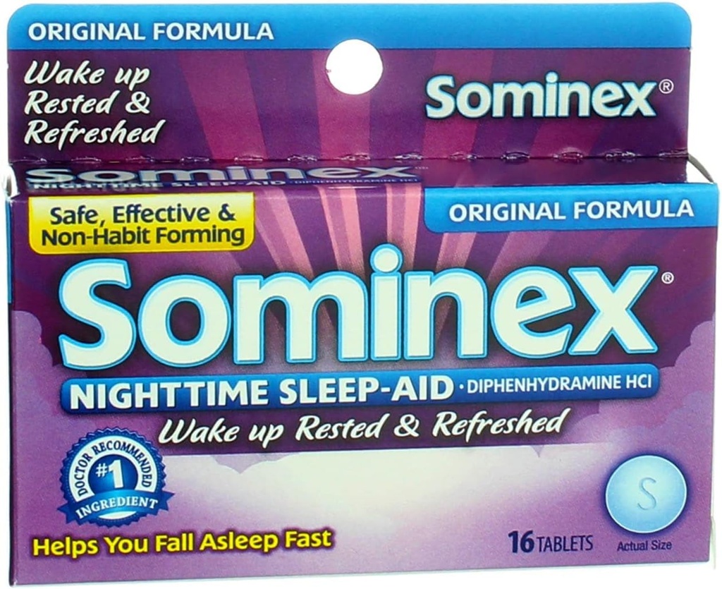 Sominex Nighttime Sleep-Aid with Diphenhydramine HCl 25 mg, Original Formula, 16 Tabletler, (Paket 1)