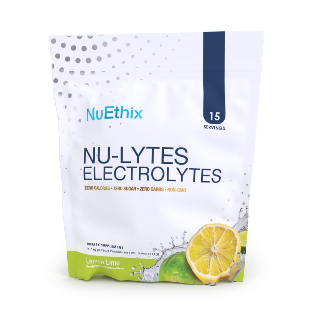 NuEthix Formulations NU-LYTES Ηλεκτρολύτες Πακέτα Ενυδάτωσης, Zero Calories, Zero Sugar, Zero Carbs, Non-GMO, Ηλεκτρολύτες Powder Packets, Glycogen Replenishment, 15 Μερίδες (Lemon Lime)