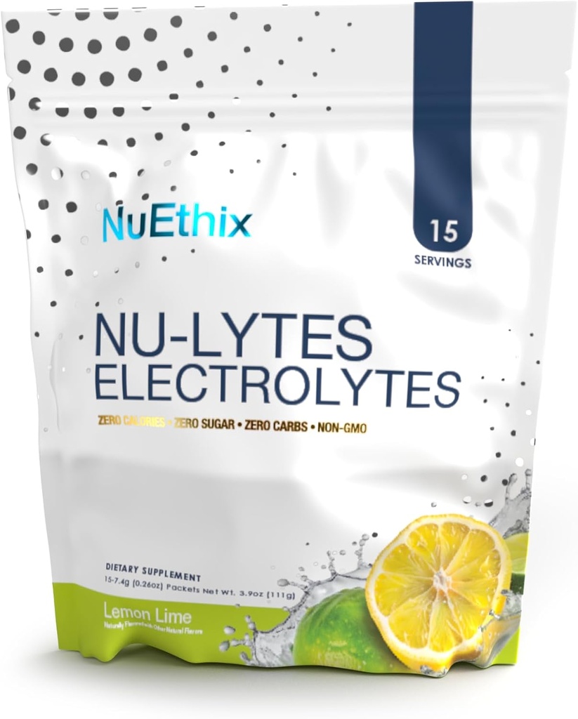 NuEthix Formulations NU-LYTES Electrolytes Hydration Packets, Zero Calories, Zero Sugar, Zero Carbs, Non-GMO, Electrolytes Toz Packets, Glycogen Replenishment, 15 Hizmet (Lemon Lime)