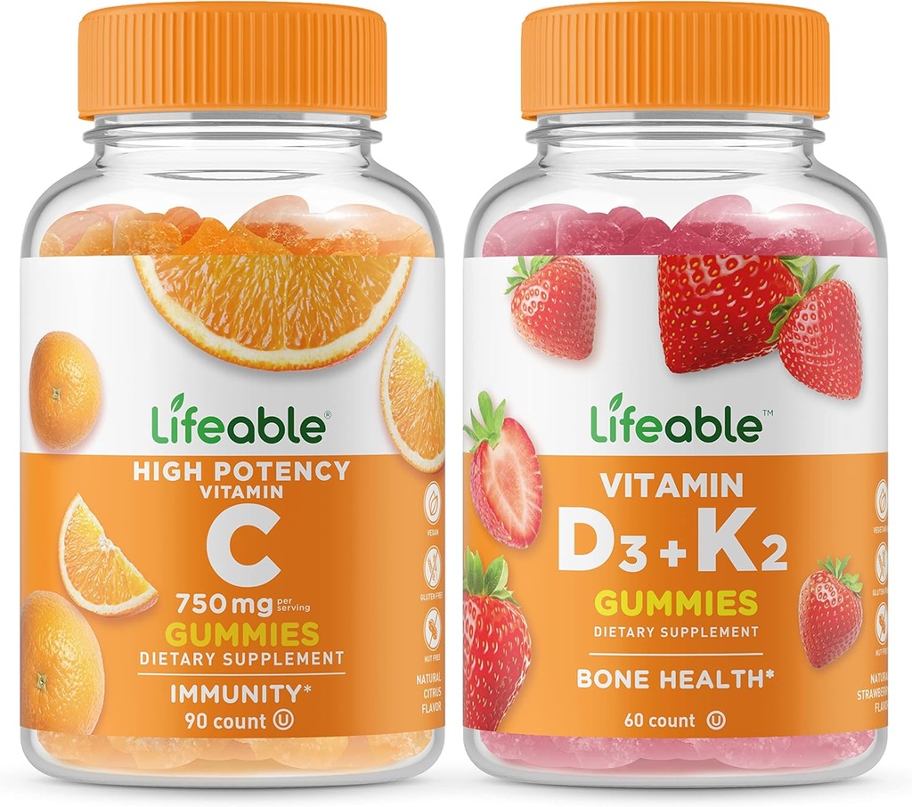 Lifeable Vitamin C 750 mg + Vitamin D3 + Vitamin K2, Gummies Sche - Great Tasting, Vitamin Supplement, Gluten Free, GMO Free, Chewable Gummy