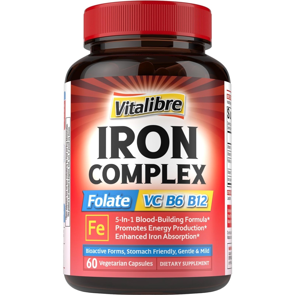 Kadın ve Erkekler için Demir Supplement, C, B6, B12 & Foate for Iron Deficiency, Blood Building & Energy Support, Stomach Friendly, Better Abxia, Non-GMO, No Gluten, 60 Vegan Caps