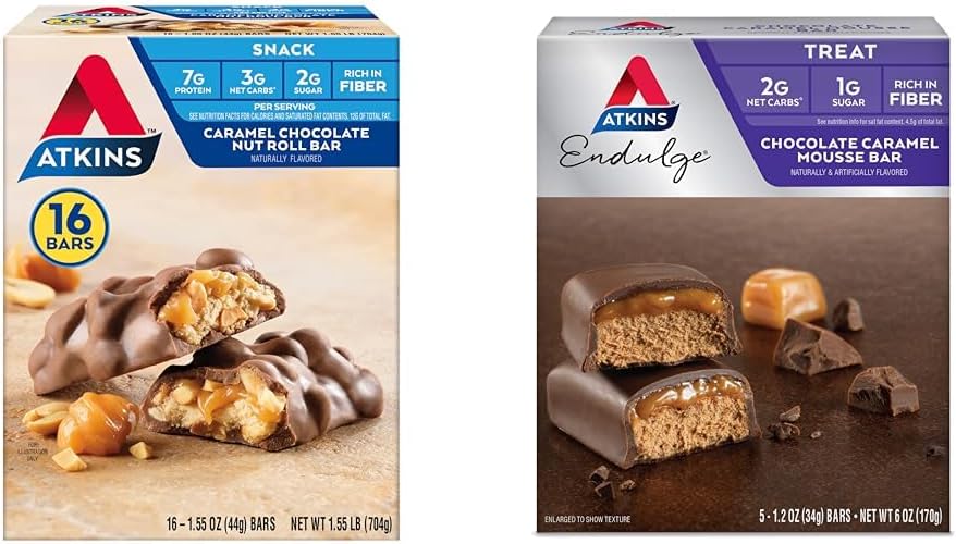 Atkins Caramel Chocolate Nut Roll Snack Bar, Protein Snack, Yüksek Fiber, 2g Sugar, 16 Kont & Endulge Chocolate Caramel Mousse Bar, Dessert, 1g Sugar, High in Fiber, 5 Count