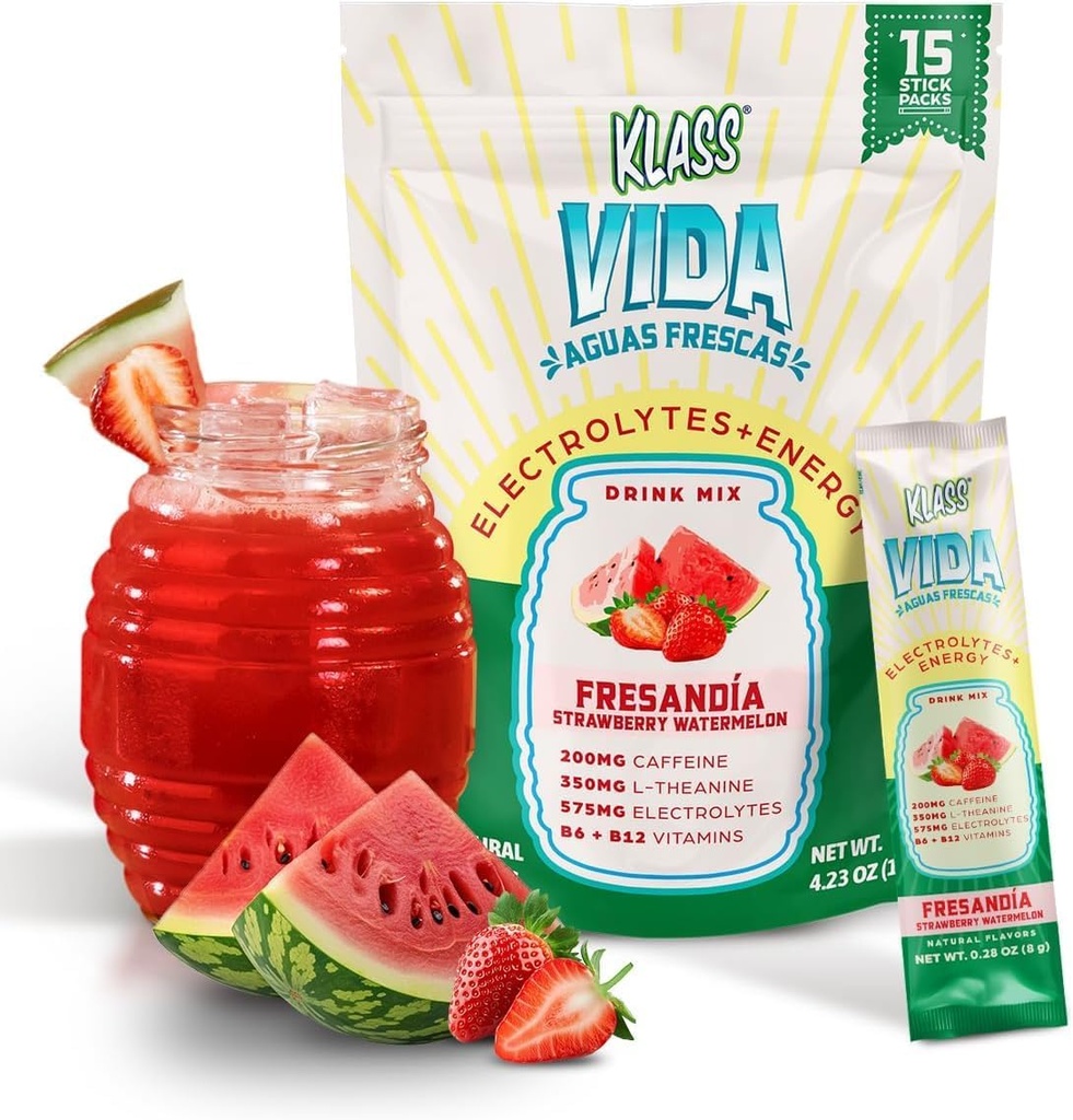 Hydration + Energy Electrolyte Drink Mix – Strawberry Watermelon Agua Fresca Flavor | Sugar-Free Toz with Caffeine, L-Theanine, Coconut Water & Minerals | 15 Single-Serve Stick Paketleri