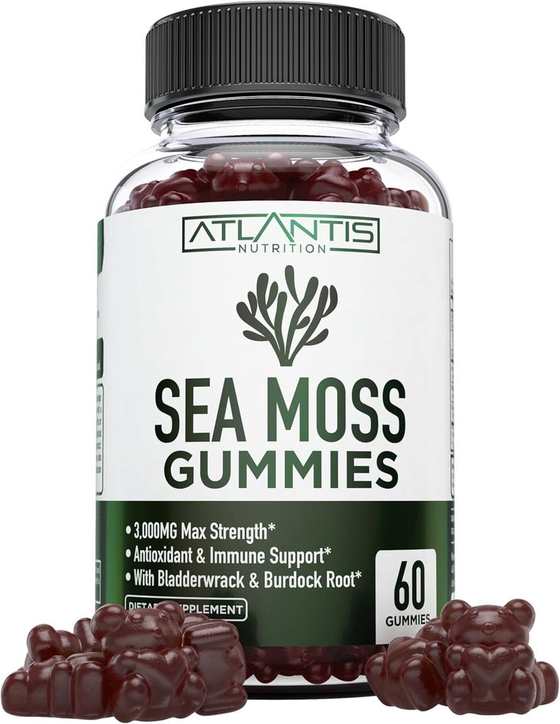 İrlandalı Deniz Moss Gummies - 3000MG - Formulaed w / İrlandalı Deniz Moss, Bladderwrack & Burdock Root, Contain Essential Vitamin & Mineral - Antioksi-Rich Superfood Supplement, 60 Sea Moss Gummies for Yetişkinler