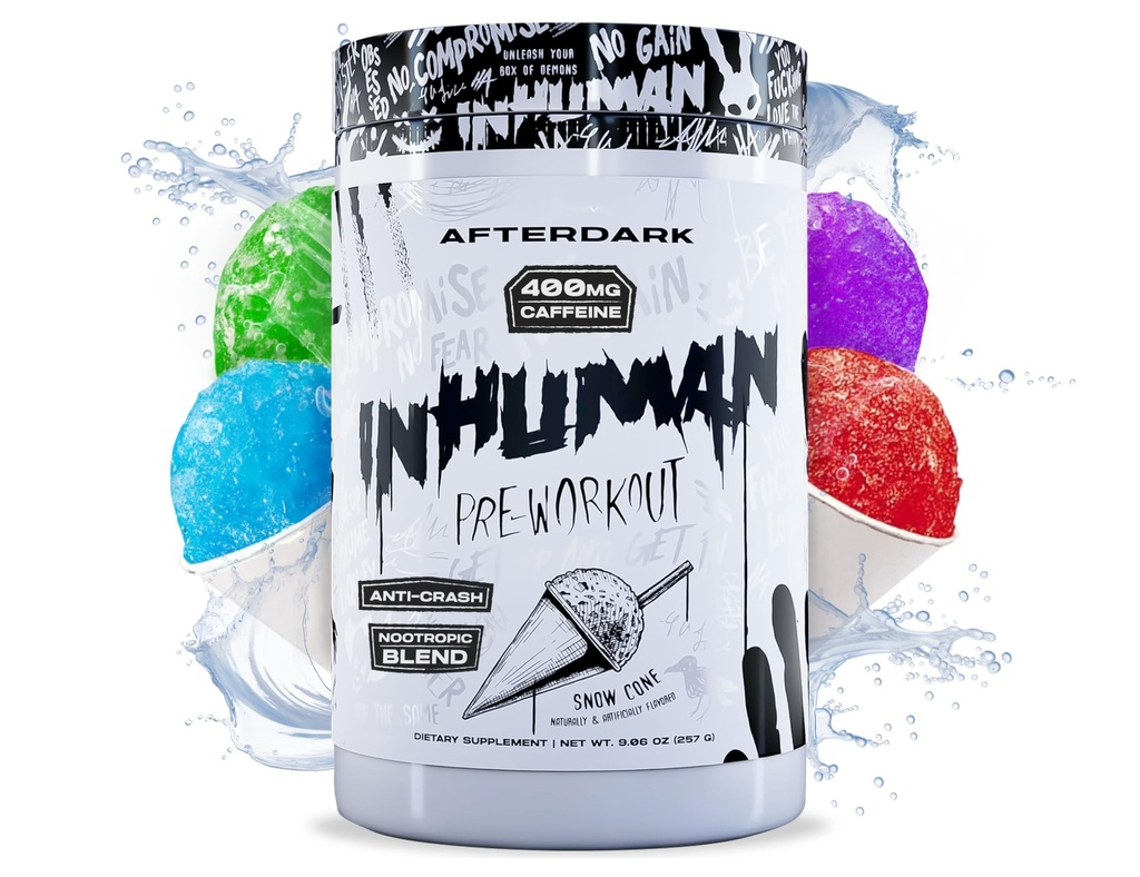 AFTERDARK INHUMAN Pre-Workout Toz, Geliştirilen Mind-Muscle Connection, Sustained Energy, Potent Nootropic Mix, Vegan, Gluten-Free, Soy-Free, 400 mg Caffeine, No Crash, SnowCone