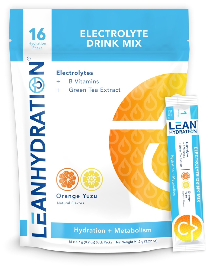LEAN Hydration Daily Electrolyte Packets Drink Mix | Zero Calories, Zero Sugar artı Vitamins, Minerals & More | 16 ct (Orange Yuzu)