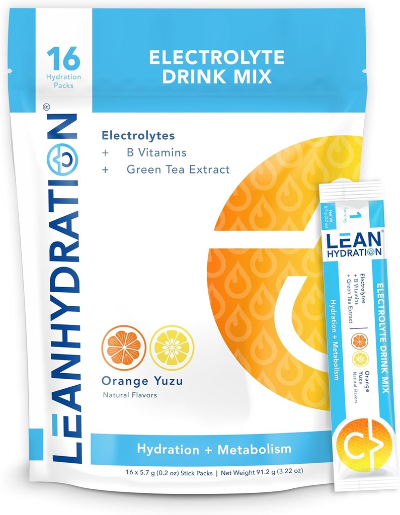 LEAN Hydration Daily Electrolyte Packets Drink Mix | Zero Calories, Zero Sugar artı Vitamins, Minerals & More | 16 ct (Orange Yuzu)