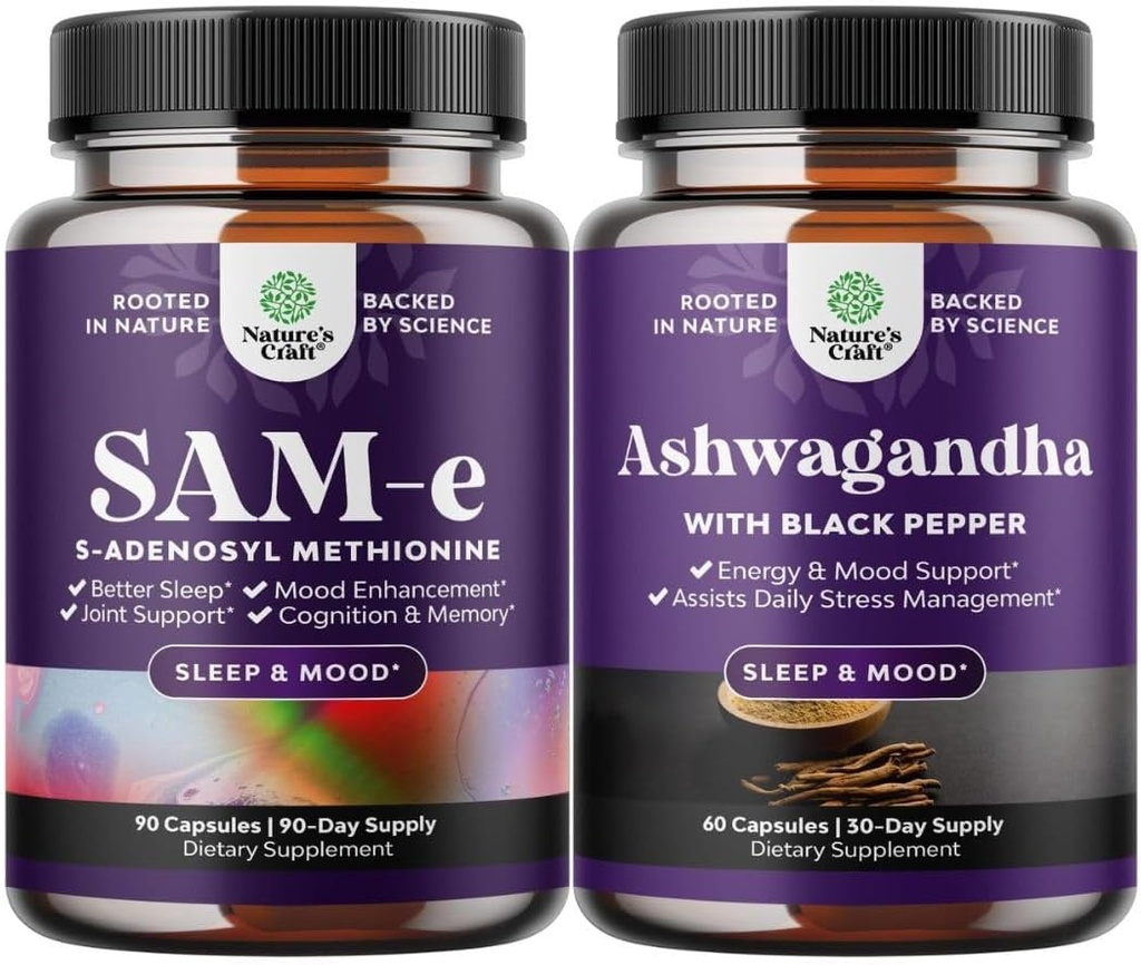 Pure SAM-E Nootropic Brain Supplement ve Mood Advancedr Organik Ashwagandha Capsules - Beyin Desteği Tamam - Tiroid Enerji Focus ve Adrenal Destek