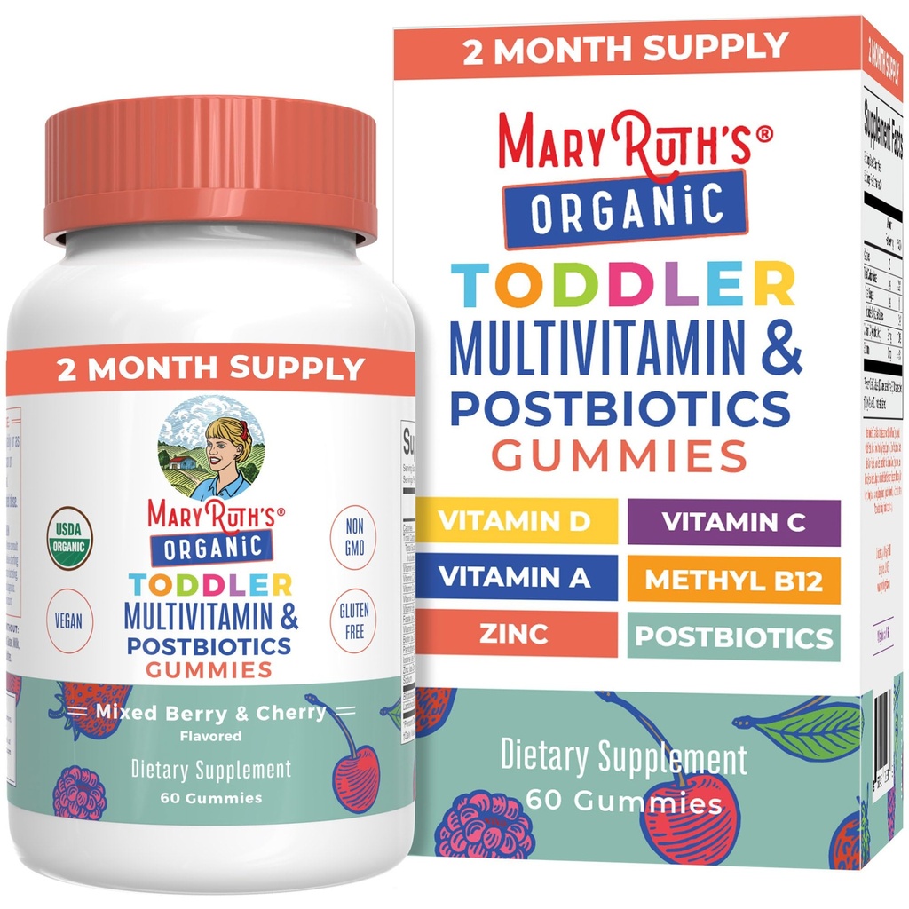 MaryRuth Organics Toddler Multivitamin Gummies + Postbiyotikler | USDA Organik | Çocuklar için Vitaminler 2+ | Immune Desteği | Vitamin C | Vitamin D3 | A | çinko | Vegan | Non-GMO | 60 Hizmetler