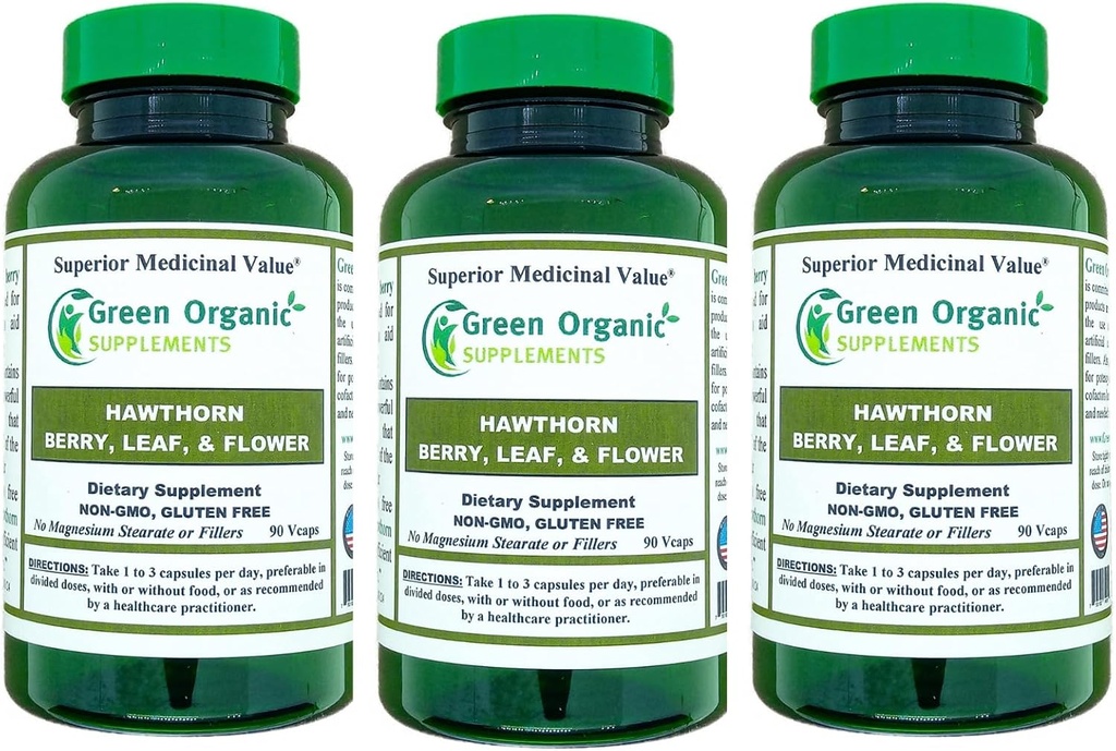 Green Organic Supplements Hawthorn Berry Capsules, Leaf, Flower, Hawthorn Supplements 90 Capsules, Natural Hawthorn Herbs for Cardiovascular Health & Natural Heart Care (Pack of 3)