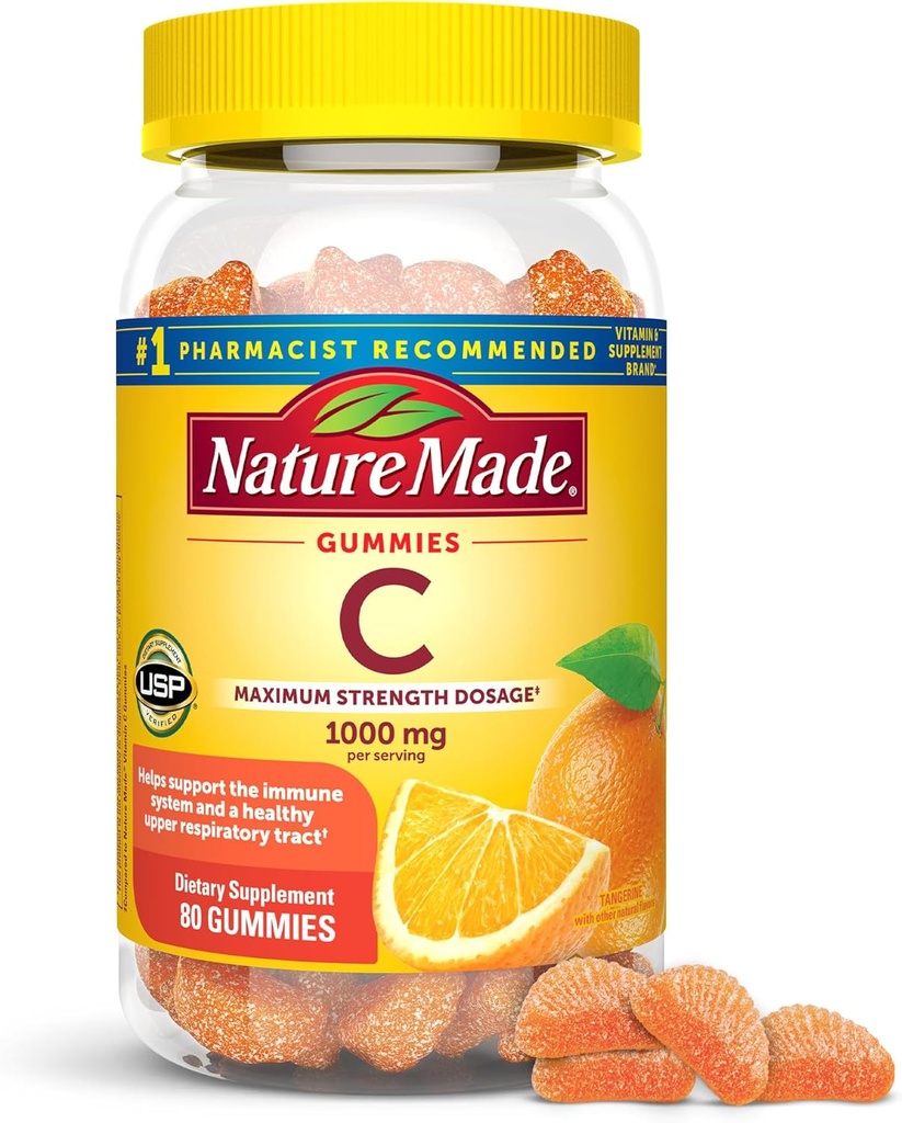 Nature Made maximum Strength Dosage Vitamin C 1000 mg per Service, Immune Support Vitamin C Gummies for Yetişkinler, 80 Vitamin C Gummies, 20 Day Supply