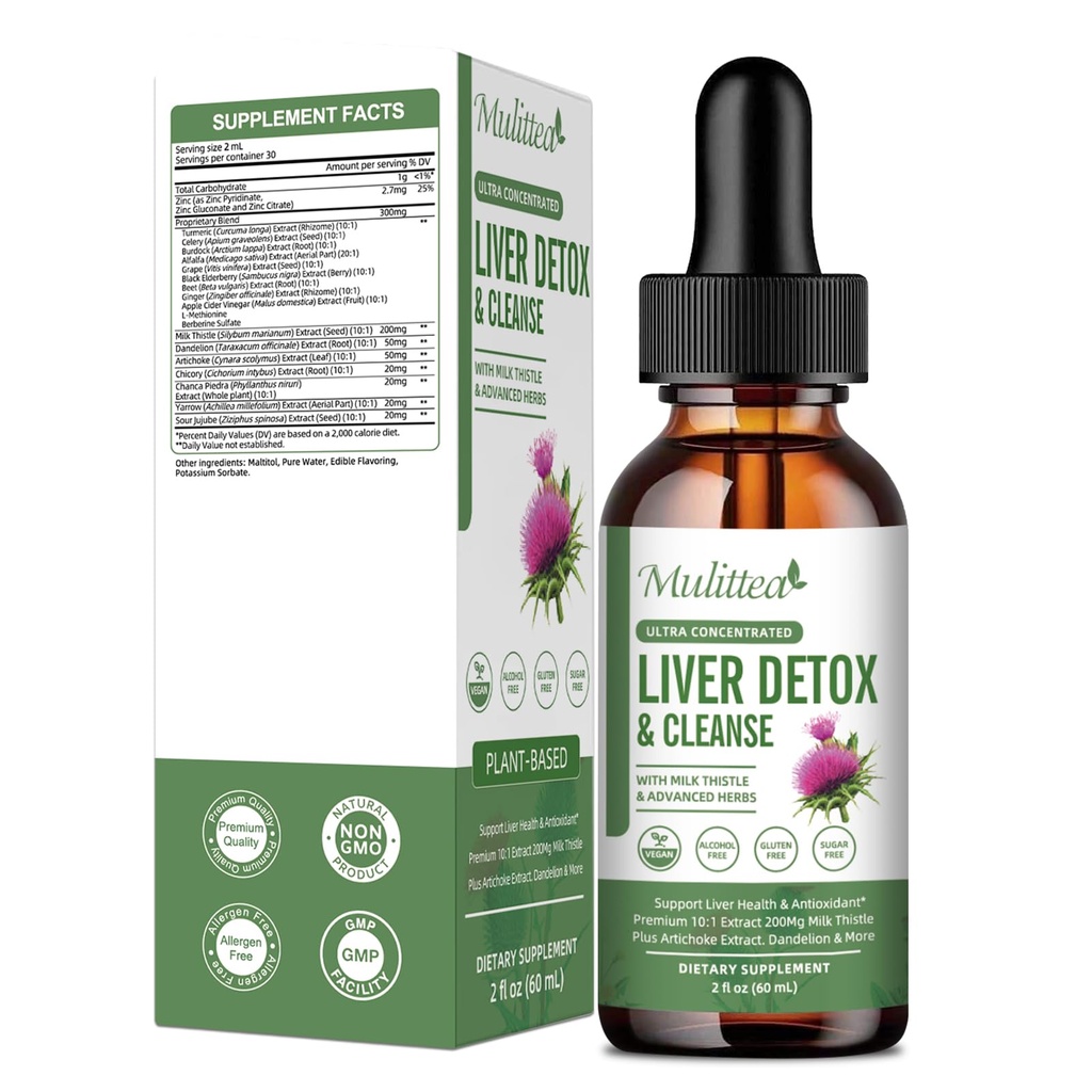 Liquid Drops - Υποστήριξη Liver Cleanse Detox & Επισκευή με Artichoke Milk Thistle Silymarin Extract, Dandelion, Turmeric, Berberine to Renew w/21 Potent Herb-Nutrients-60ml