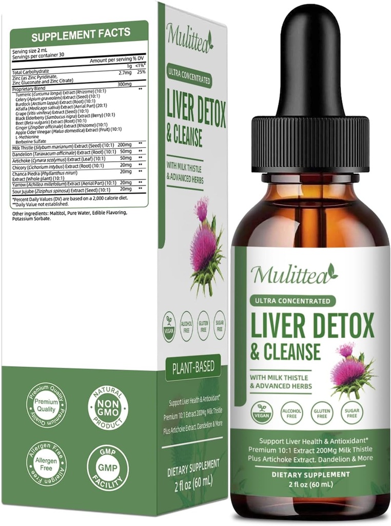 Liquid Drops - Υποστήριξη Liver Cleanse Detox & Επισκευή με Artichoke Milk Thistle Silymarin Extract, Dandelion, Turmeric, Berberine to Renew w/21 Potent Herb-Nutrients-60ml