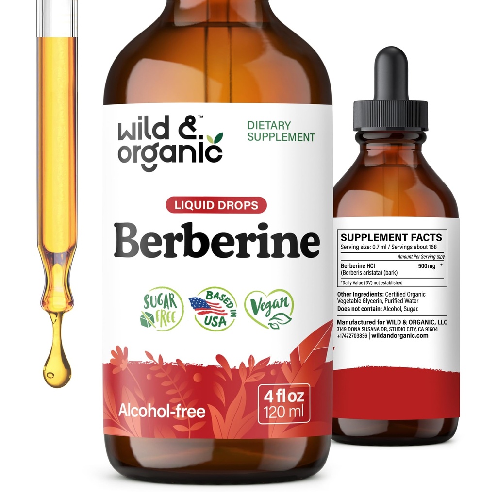 Vahşi & Organik Berberine 500 mg - Sıvı Berberine Supplement HCL Genel Destek için - Saf Türlü Tincture - Vegan, Alkol & Sugar-Free - 4 fl ozz
