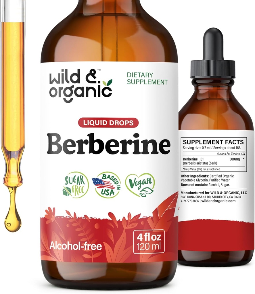 Vahşi & Organik Berberine 500 mg - Sıvı Berberine Supplement HCL Genel Destek için - Saf Türlü Tincture - Vegan, Alkol & Sugar-Free - 4 fl ozz