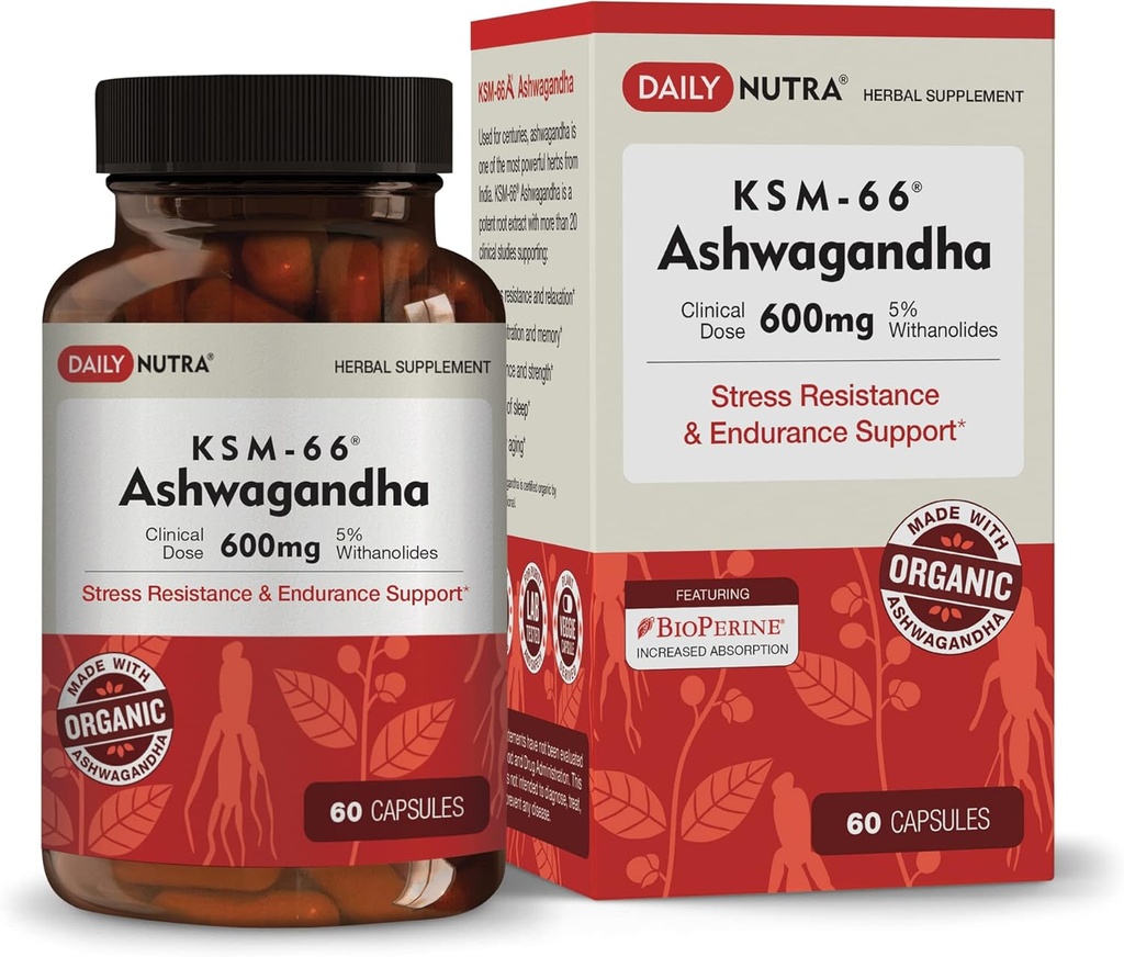 DailyNutra KSM-66 Ashwagandha 600 mg Organik Kökleri - Yüksek Potency Supplement with% 5 Withanolides | Relieves Tiredness, Supports Relaxation, Focus, Energy, & Muscle growth (60 Capsules)