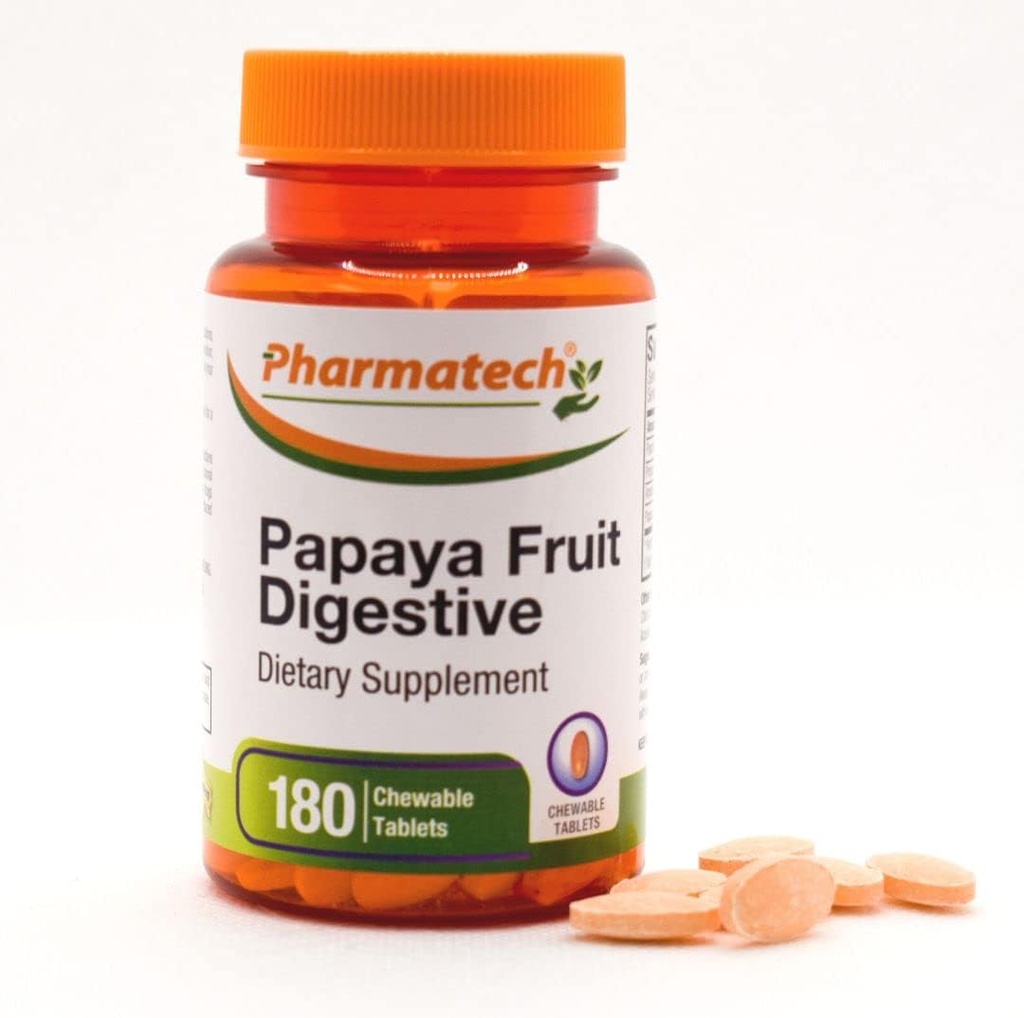 Papaya Fruit Digestive, Digestion, Tasty Flavor, Enzyme Supplement, Bloating and Constipation, Gas Relief, 180 Chewable Tabletler