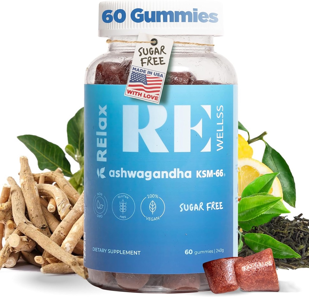 Ashwagandha & Vitamin D Gummies | Diyet Supplements | KSM 66 Ashwagandha for Calmness Support 300 mg | L-Theanine Lemon Balm | Natural Herbal Non-GMO Sugar Free Gluten Gelatin Free | 1 Pack